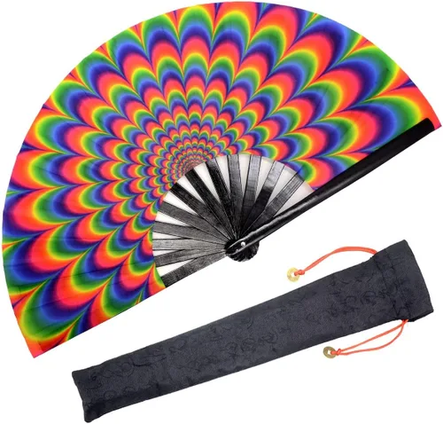 Miniatura 20 de OMyTea Ventilador de mano plegable grande Rave Clack para hombres y mujeres, ventilador de mano de bambú chino japonés - para EDM, festival de Aurora