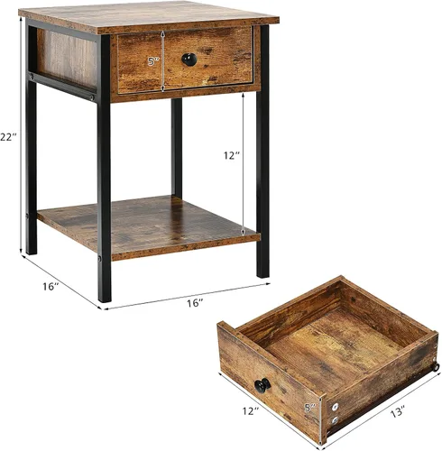 Miniatura 3 de Giantex Juego de 2 mesitas de noche, mesa auxiliar industrial de 2 niveles con cajón de almacenamiento y estante, mesitas de noche con marco