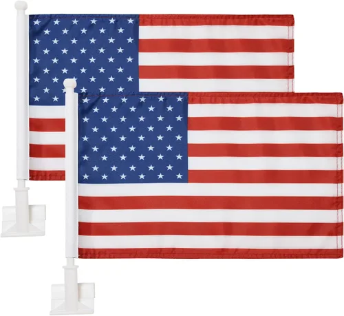Paquete de 2 banderas de automóvil, bandera de Estados Unidos para exteriores con bandera estadounidense y mástil, el clip para ventana con logotipo