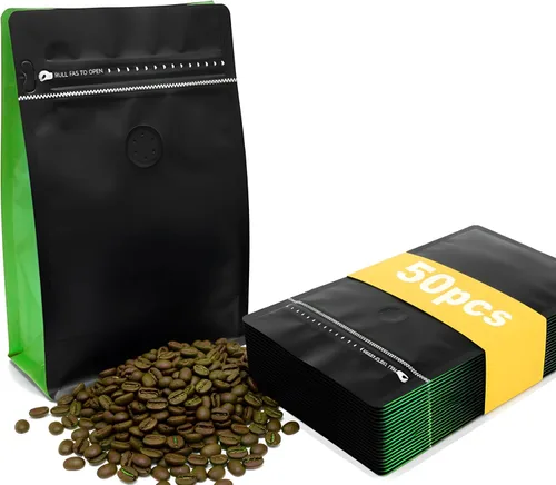 Miniatura 6 de 50 bolsas de café con válvula, bolsa de granos de café con bolsas de cremallera sellables con calor y válvula, granos de café negros y amarillos