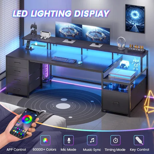 Miniatura 8 de SEDETA Escritorio para computadora de 75'' con 5 cajones, toma de corriente y luces LED, escritorio de oficina en casa con cajón de archivos, Negro