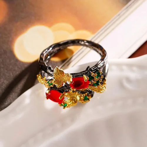 Miniatura 7 de Gothic Ruby Black Rings Women - Colorful Rhinestone Golden Leaf Copper Rings