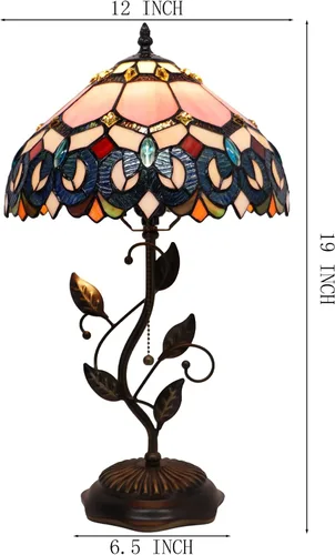Miniatura 2 de Tiffany Table Lamp, Pink Stained Glass Desk Light, W12H19 Inch, Metal Leaf Base (Pink Baroque Style)