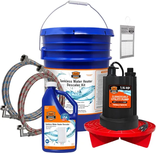Chromex Kit de descarga de calentador de agua sin tanque con solución de descalcificación líquida certificada y mangueras de entrada de ángulo recto