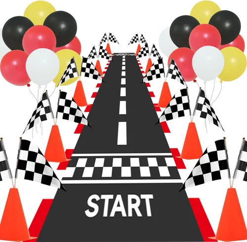 Patimate Decoración de fiesta de cumpleaños de auto de carreras, 70 conos de tráfico con agujero, banderas a cuadros, camino de pista de carreras y