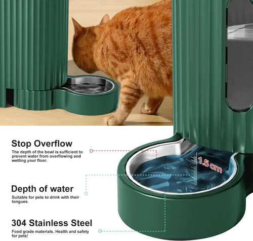 Miniatura 5 de Gardner Pet - Comedero automático para gatos por gravedad y dispensador de agua de acero inoxidable, juego dos en uno de gran capacidad para Verde
