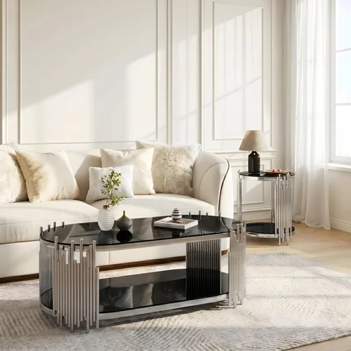Miniatura 14 de 2-Tier Gold Glass Coffee Table, Modern Oval Coffee Table with Clear Tempered Black Shelves and Stainless Steel Frame, Luxury Center Tables for