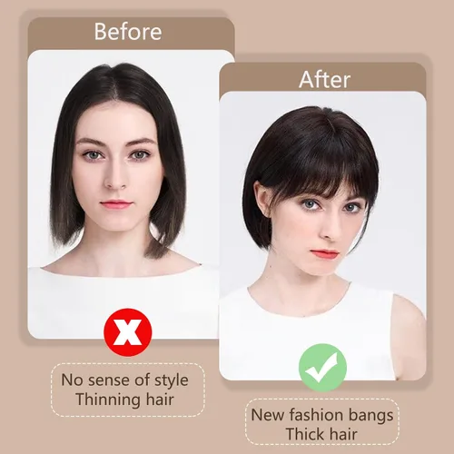 Miniatura 5 de 2 piezas de flequillo con clip de cabello humano real, flequillo falso con clip para el cabello para mujeres, flequillo tenue curvado con postizos