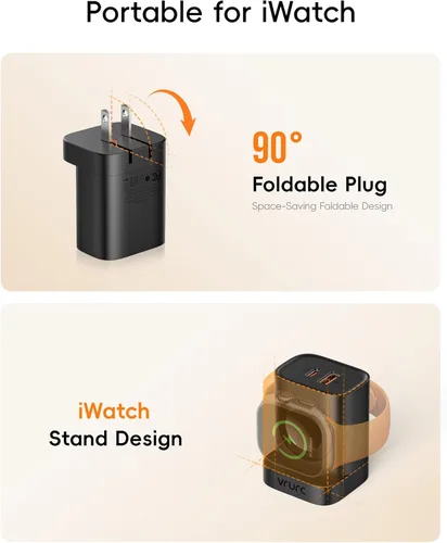 Miniatura 5 de VRURC Cargador para iPhone y Apple Watch, bloque de carga rápida USB C de 20 W, adaptador de viaje compacto 3 en 1 con 2 puertos para iPhone