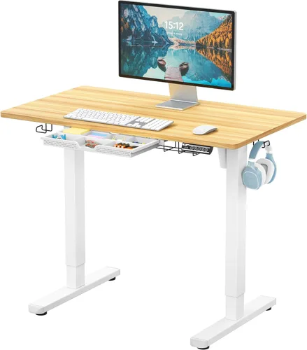 Miniatura 18 de SHW Escritorio eléctrico de pie ajustable de altura de 40 pulgadas con cajón, preajuste de memoria y bandeja de gestión de cables, color marrón