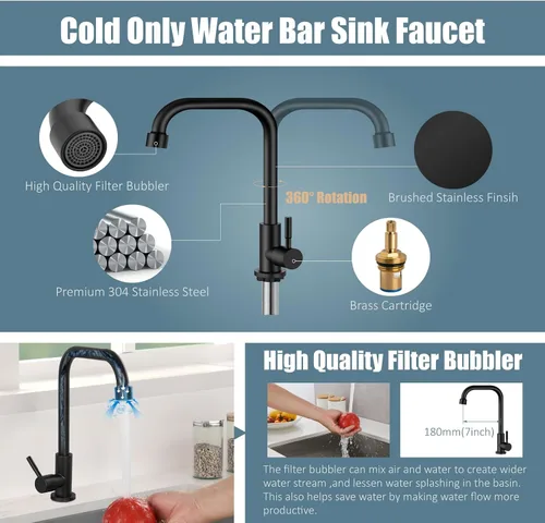 Miniatura 3 de Aolemi Negro frío solo agua grifo de la cocina grifo de barra comercial manija sola palanca 304 acero inoxidable cubierto montado solo agujero