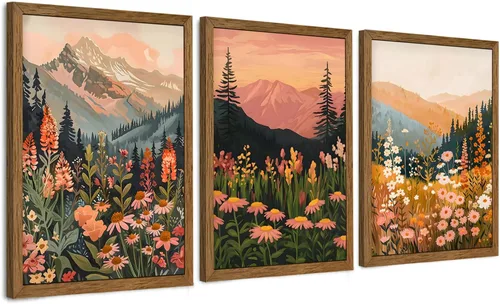 WRFON Lienzo botánico y de flores, arte enmarcado de pared de paisaje de montaña, juego de 3, impresión en lienzo de prado de flores silvestres,