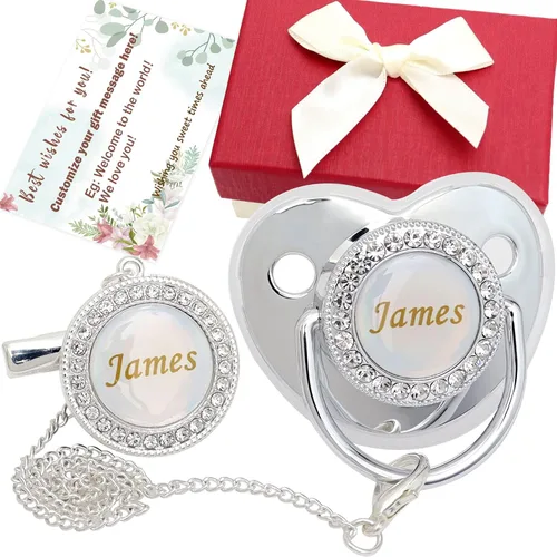 Juego de chupete personalizado con nombre, sin BPA, dorado, plateado, rosa, oro rosa, lujoso, regalo ideal para recién nacidos (plateado)