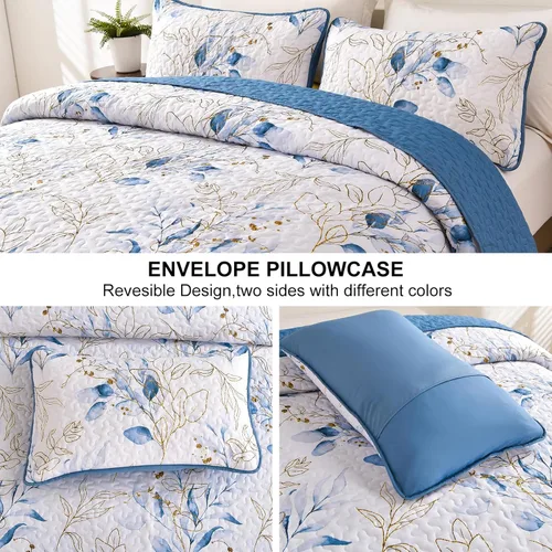 Miniatura 4 de Anibedding Juego de edredón azul tamaño King, 3 piezas reversible, elegante patrón de hojas botánicas azules, colcha de microfibra suave para toda