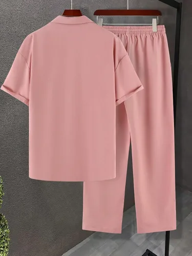 Miniatura 2 de GORGLITTER Conjunto de 2 piezas para hombre, camisa de manga corta con botones y pantalones de cintura elástica