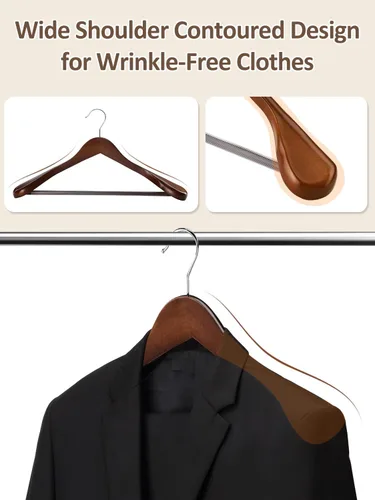 Miniatura 4 de AMKUFO Perchas de Madera de Hombro Ancho Paquete de 8 Perchas para Abrigos con Barra Antideslizante para Pantalones, Perchas de Traje de Servicio