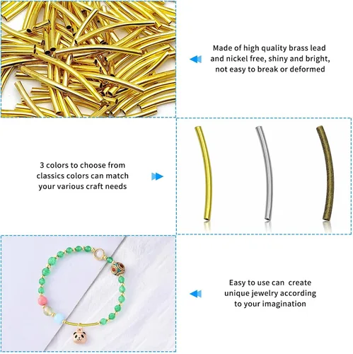 Miniatura 5 de 300 cuentas espaciadoras curvadas de tubo de fideos, cuentas de tubo curvado de 0.98 pulgadas de largo, cuentas de tubo de latón, cuentas sueltas