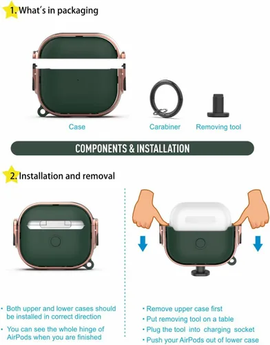 Miniatura 5 de Funda para AirPods 3, Funda Protectora de Cuerpo Completo de Material Híbrido con Cierre Seguro (Rosado Dorado + Verde)