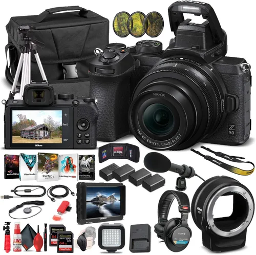 Nikon Cámara digital sin espejo Z 50 con lente de 0.630-1.969 in (1633) + monitor 4K + adaptador de montaje FTZ + auriculares + micrófono