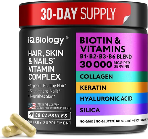 Biotina para el Crecimiento del Cabello para Mujeres y Hombres con Queratina, Complejo de Colágeno 30000 mcg – Cápsulas para la Pérdida de Cabello y
