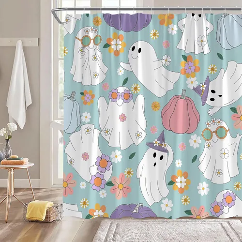 Miniatura 2 de Halloween Ghost Shower Curtain Spooky Cute 70s Retro Hippie Daisy Funny Bathroom Decor Curtain with Hooks,Blue White