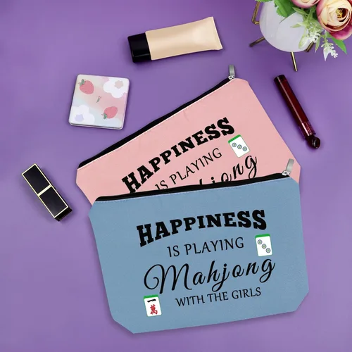 Miniatura 7 de Sazuwu Mahjong - Bolsa de maquillaje divertida para mujer, Azul, rosa y beige, Bingo