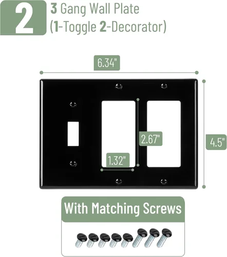 Miniatura 2 de Bates - Placa de pared combinada, interruptor de palanca individual/decorador doble, negro, 6.34 x 4.5 pulgadas, tamaño estándar, placa de pared