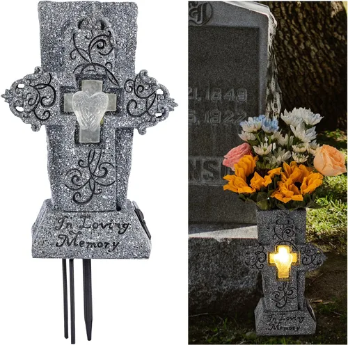HUYIENO Jarrón solar de cementerio con LED para flores frescas/artificiales, florero de cruz de flores de tumba, jarrones con pinchos, decoración de