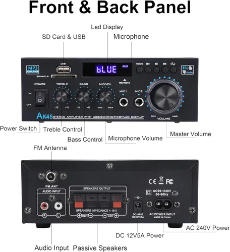 Miniatura 5 de Amplificador de audio estéreo actualizado AK45 Pro receptor Bluetooth para estéreo doméstico, 400 W 2 canales inalámbrico Bluetooth 5.0 sistema
