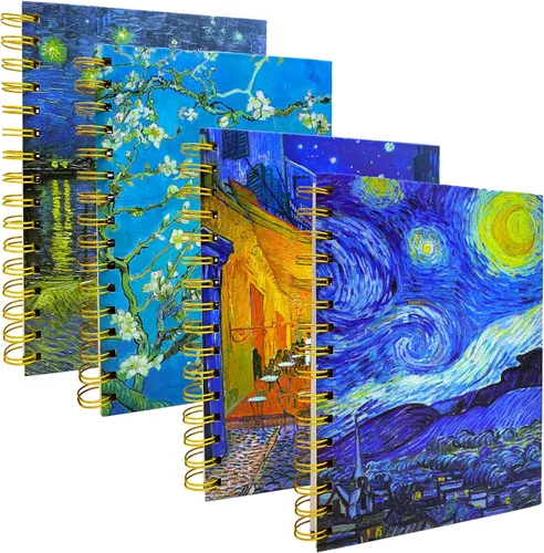 4 paquetes de cuadernos A5 Van Gogh con cubierta superdura en espiral, cuadernos de espiral con tapa dura, diarios en espiral, diarios encuadernados