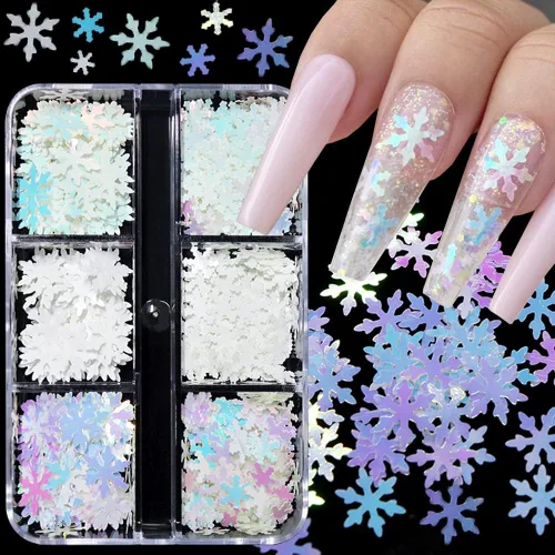 Lentejuelas con purpurina de copo de nieve, 6 rejillas holográficas de Navidad, diseño de uñas de Navidad, diseño de uñas de invierno, Navidad,