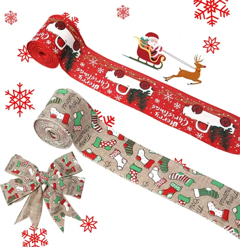 Miniatura 9 de Cinta de Navidad con cable de 2.5 pulgadas x 11 yardas, cinta de Navidad roja y de arpillera para coronas, lazos, manualidades, 2.5 pulgadas