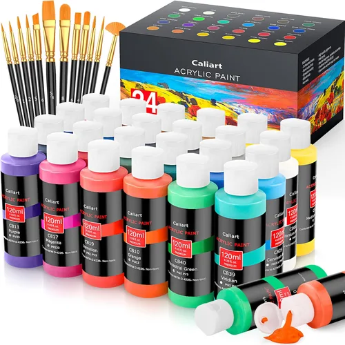 Caliart Juego de pintura acrílica de 24 colores, botellas grandes de 4 onzas / 4.1 fl oz con 12 pinceles, kit de pintura artesanal para adultos,