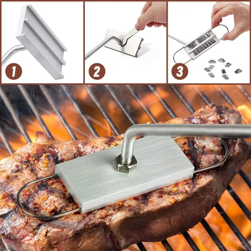 Miniatura 2 de Hierro de marca BBQ con letras intercambiables y un práctico dibujo, ideal para marcar filetes, hamburguesas y pollo (1)