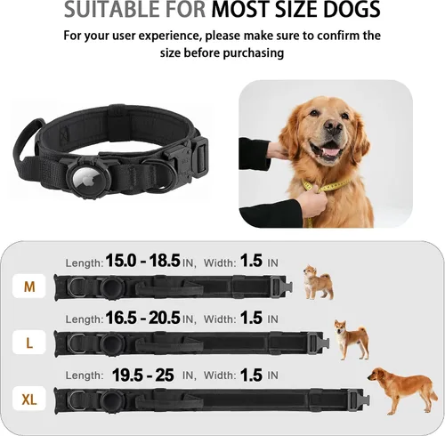 Miniatura 5 de Collar para perro Airtag mejorado, impermeable, ajustable, de nailon con soporte para AirTag, asa de control y hebilla de liberación rápida