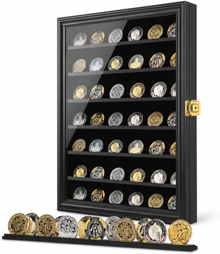 Miniatura 11 de Jinchuan Expositor de Monedas Militares con Cerradura, Gabinete de Exhibición, Caja de Sombra con Estantes Desmontables de 2 Ranuras y Vidrio