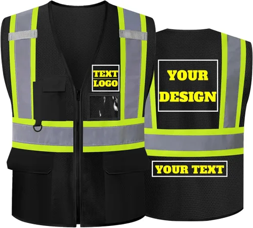 Miniatura 6 de Chaleco de seguridad reflectante de malla con logotipo personalizado Clase 2 con 5 bolsillos y cremallera Amarillo-5pack