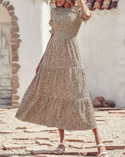 Miniatura 134 de BTFBM Vestidos para mujer, cuello redondo, casual, de verano, con volantes, manga corta, bohemio, con niveles, fruncido, largo, con estampado floral