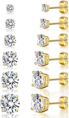 Aretes chapados en oro amarillo de 18 quilates, 4 puntas, corte redondo brillante de 0.118-0.315 in, circonita cúbica (6 pares), Latón Circonita