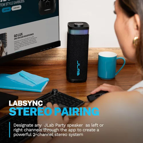 Miniatura 5 de JLab JBuds Party - Altavoz Bluetooth Portátil, 2 Controladores de Rango Completo + 2 Woofers Pasivos, IP56 Resistente al Agua, 12 Horas