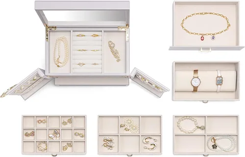 Miniatura 7 de Vlando Joyero organizador 2023 para mujer, caja de joyería grande con 5 dibujados, cajas de joyería de piel sintética, aretes, collar, anillos, gris