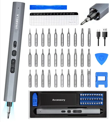 UnaMela Mini juego de destornilladores eléctricos mejorado: destornillador eléctrico pequeño de precisión inalámbrico - 3 ajustes de par, 30 brocas