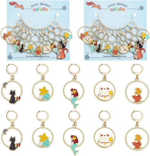 NBEADS 20 piezas marcadores redondos de punto con anillo de animales, marcadores de punto de ganchillo esmaltados de aleación, cierre de acero