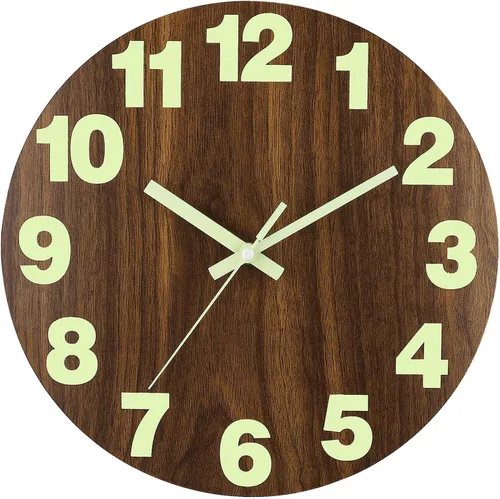 Miniatura 2 de Plumeet Reloj de pared con luz nocturna, reloj de madera de 10 pulgadas que brilla en la oscuridad para dormitorio, pequeño reloj de pared iluminado