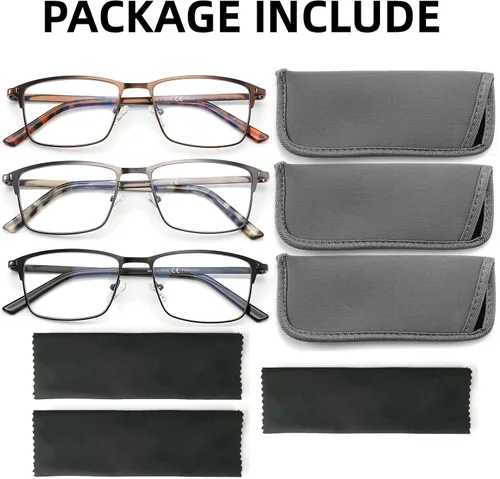 Miniatura 6 de Paquete de 3 lentes de lectura para hombre, bloqueo de luz azul, de metal, marco ancho completo