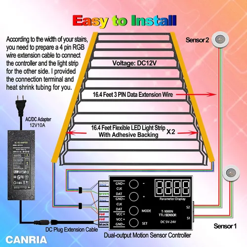 Miniatura 3 de Luz de escalera de color con sensor bidireccional de agua que fluye, sensor de movimiento, controlador LED, tira de luz flexible de 12 V, 16.4 pies
