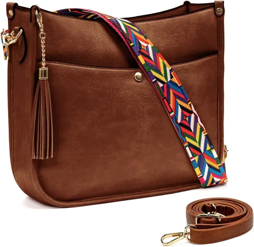 CELELA Bolsos cruzados para mujer, de cuero vegano, bolso de hombro tipo hobo mediano con correa de guitarra y borla