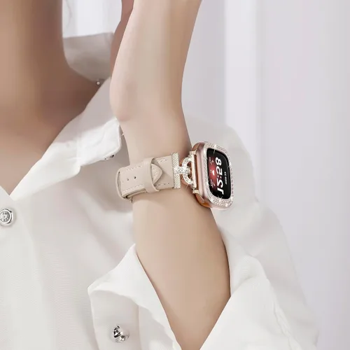 Miniatura 4 de Correa de cuero compatible con Fitbit Sense 2/Versa 4 para mujeres, elegante correa de cuero con hebilla metálica en forma de D con strass con funda