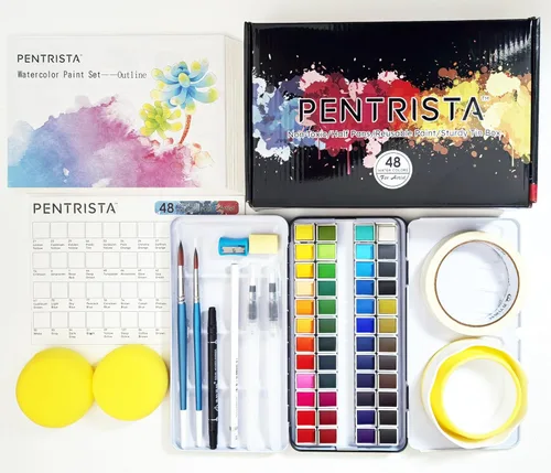 Juego de acuarela sólida de 48 colores para adultos, 20 papeles de acuarela, 2 pinceles de artista, 2 bolígrafos de agua, esponja y limpiador, kit
