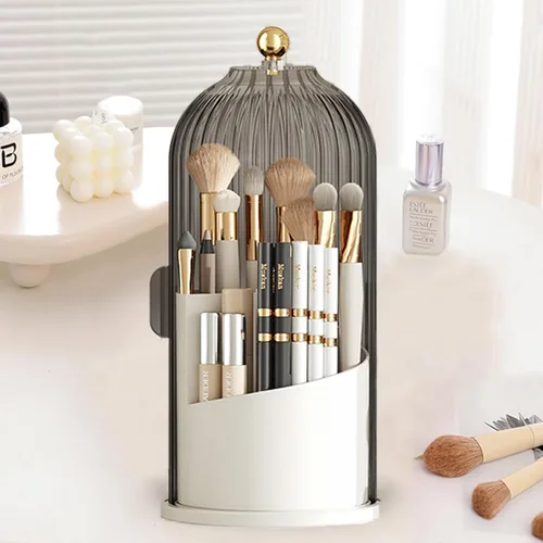 Organizador de brochas de maquillaje con tapa giratoria de 360 grados, transparente, a prueba de polvo, diseño de 3 compartimentos, organizador de